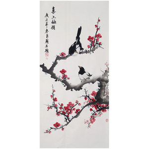 喜上眉梢手绘国画梅花花鸟画水墨画客厅装饰画玄关挂画红梅报春图