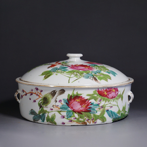 清代光绪浅绛彩富贵白头一品锅 粉彩花鸟纹盖锅 包老保真古玩瓷器