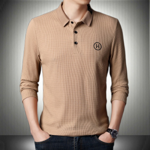 春装加大码华夫格长袖t恤宽松卡其色年轻成熟小衫翻领polo衫外套