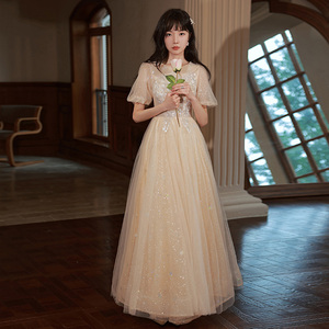 香槟色仙气质晚礼服女2022新款声乐艺考学生宴会主持人礼服连衣裙