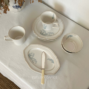 Cutlery丨日式复古铃兰花高级感陶瓷西餐盘浮雕椭圆盘酸奶碗杯