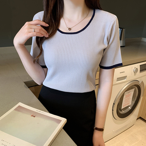 短袖2022年新款夏季薄款冰丝t恤女半袖短款针织衫上衣白色打底衫
