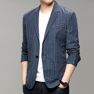 超薄亚麻西装男条纹夏季宽松休闲防晒小西服轻薄棉麻单西单层外套