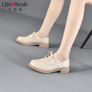 千佰莉春季深口单鞋低跟真皮英伦风圆头小皮鞋系带休闲女式小跟鞋