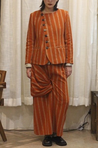 绞衣 原创设计色织亚麻多扣条纹翻领旧橘色西装套装复古女西服