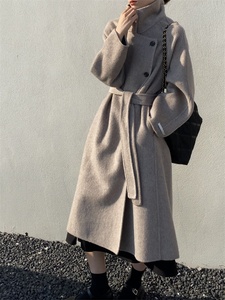 立领双面羊绒大衣女中长款2023年秋冬新款宽松腰带高级感毛呢外套
