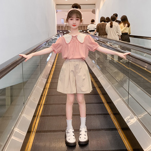 韩国女童套装夏款2024新款儿童洋气时髦夏装薄款中大童短袖两件套
