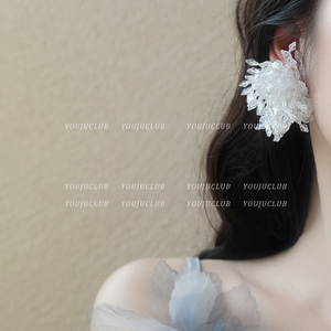 YOUJUclb-西柚粒 超美夸张花朵时髦梦幻串珠水晶仙女蓝色耳环耳夹