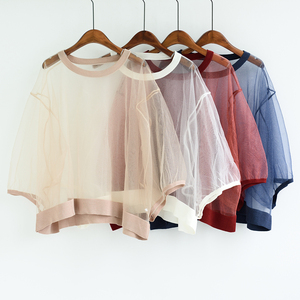 bg9夏新款女装上衣圆领套头中袖宽松性感透视网纱薄款罩衣仙甜美