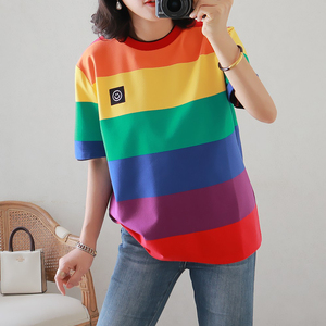 宠爱~ 明媚的彩虹色 拼色超美 简约大气 宽松圆领 百搭短袖t恤