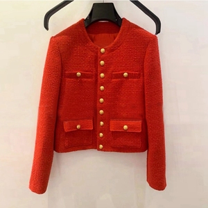 2022早春新款高级定制红色小香风圆领粗花呢单排扣西装短款外套女