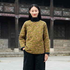 复古棉麻斜襟盘扣碎花棉衣夹棉保暖宽松上衣民国风短款套头棉袄女