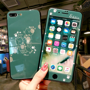 可爱猫咪苹果7plus钢化膜iphone6s手机壳玻璃前后8x卡通6plus彩膜