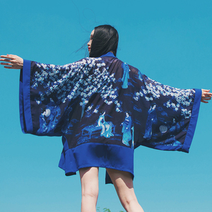 red家自制 日式和风 樱花侍女游园改良羽织防晒衫-蓝