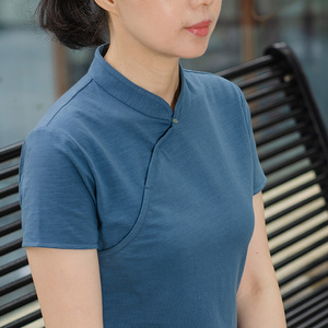 灵犀 中式原创立领玉石扣斜襟纯棉针织衫短袖上衣女装夏