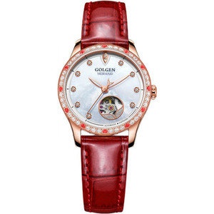 新款golgen/古尊手表时尚贝母镶钻镀金镂空皮带防水机械女表 6162