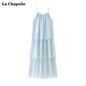 拉夏贝尔浅蓝色雪纺吊带连衣裙女夏季法式层层蛋糕裙气质挂脖长裙