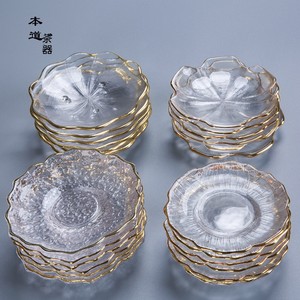 手工日式描金高档品茗杯玻璃杯垫耐热水晶透明茶杯托隔热圆形杯碟