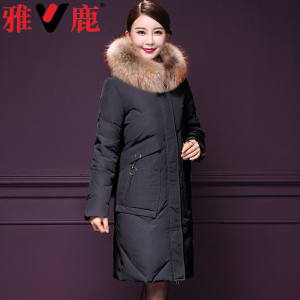 雅鹿中老年羽绒服女中长款加厚40-50岁大毛领妈妈装大码保暖外套