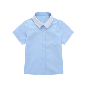 白领蓝色衬衫短袖校服男童中小儿童女宝宝寸衣长袖学生春秋演出潮