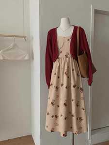 Sandro Xaime法式甜美复古碎花吊带连衣裙红色针织开衫两件套装裙