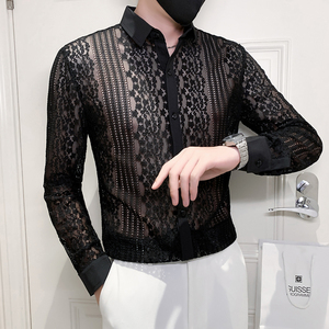 夜店风蕾丝镂空衬衫男长袖痞帅潮牌男装夜场酒吧少爷露点性感衣服