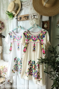 vintage古着屋森系昭和少女墨西哥风情手工刺绣棉质连衣裙