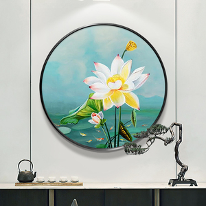 新中式圆形装饰画入户玄关过道手绘油画餐厅挂画荷花九鱼图壁画