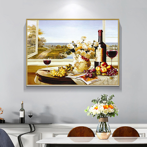 欧式手绘油画餐厅装饰画手工玄关酒瓶花卉画古典静物水果过道挂画