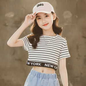 夏季女童短款上衣潮洋气时尚儿童短袖露肚脐t恤中大童条纹打底衫
