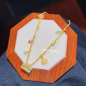 全福珠宝定制 古法黄金高温烧蓝同心锁吊坠diy足金小金圈锁骨项链