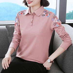 妈妈纯棉长袖翻领t恤收腰上衣有领全棉早春小衫适合40岁女装时尚