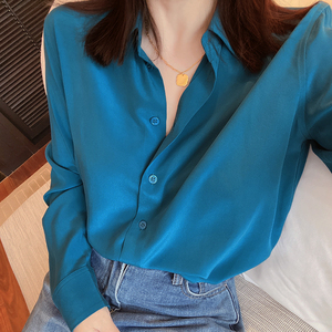 24新色高ji浪漫孔雀蓝法式优雅气质经典软糯桑蚕丝真丝长袖衬衫
