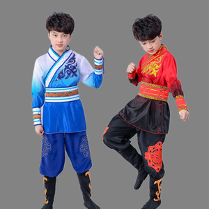 儿童武术表演演出男学生中国风红色扇子舞打鼓服舞龙狮服喜庆新款