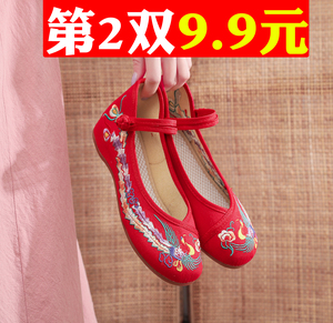 老北京布鞋绣花鞋女款汉服鞋牛筋底内增高单鞋坡跟红色广场舞女鞋