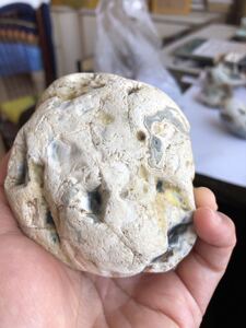 黑龙江天然嫩江水冲料白皮锦花玛瑙原石手把件雕刻料摆件413克