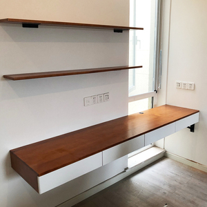 壁挂式双人电脑桌悬空整墙上家用实木一字板书桌书架组合带抽屉柜