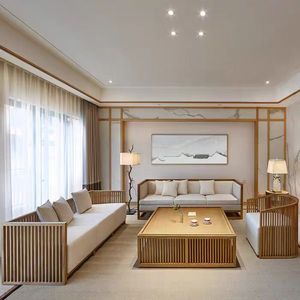 新中式沙发椅实木原木色组合现代简约名宿宾馆酒店茶楼卡座家具