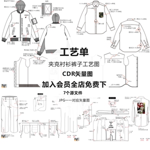 男装西服衬衫针织裤连帽夹克棒球服t恤工艺单款式图模板cdr矢量图
