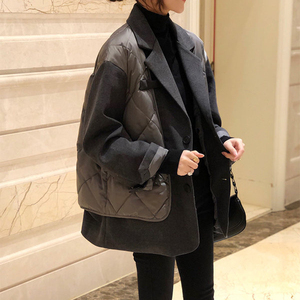 黑色假两件西装领羽绒服女韩版拼接外套2023年秋冬装新款欧洲站潮