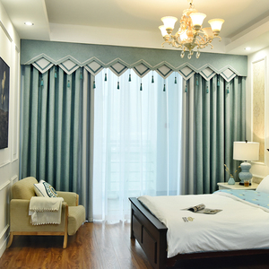 新中式窗帘幔头拾雅居简约素色拼接双面棉麻遮光帘北欧客厅帘幔头