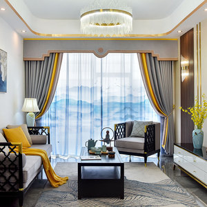 中式窗帘客厅卧室全遮光纯色棉麻拼接新中式帘头拾雅居原创窗帘