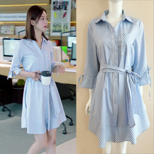 你和我的倾城时光林浅赵丽颖明星同款条纹衬衫连衣裙女中长款裙子