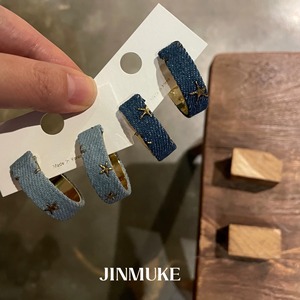 JINMUKE韩国饰品进口耳饰圆圈牛仔布料复古五角星耳钉耳环女