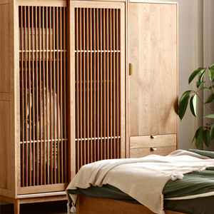 一间/日式北欧实木格栅推拉门衣柜 卧室储物樱桃木组合大衣橱极简