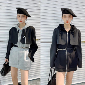 连帽卫衣拼接西装外套女春秋欧洲站2021年休闲显瘦假两件开衫上衣