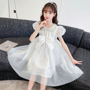 女孩洋气新款夏季儿童白色演出礼服女童短袖蓬蓬公主纱裙连衣裙子