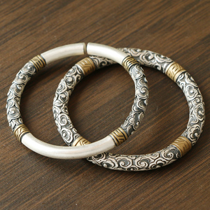 如意金箍棒银手镯999足银云南手工雪花银镯子男士手环祥云纹定制