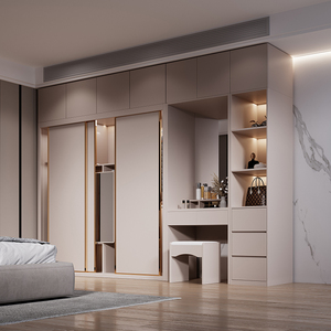 现代简约衣柜推拉门卧室移门柜子带梳妆台电脑桌莫兰迪灰轻奢衣橱