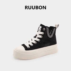 RUUBON法式高帮黑色女鞋2024年新款夏季镂空帆布鞋透气厚底板鞋